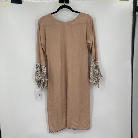 Paisley Beige Boho Long Tunic Slit Popover Art to Wear Blouse Women’s S/M - Picture 2 of 8